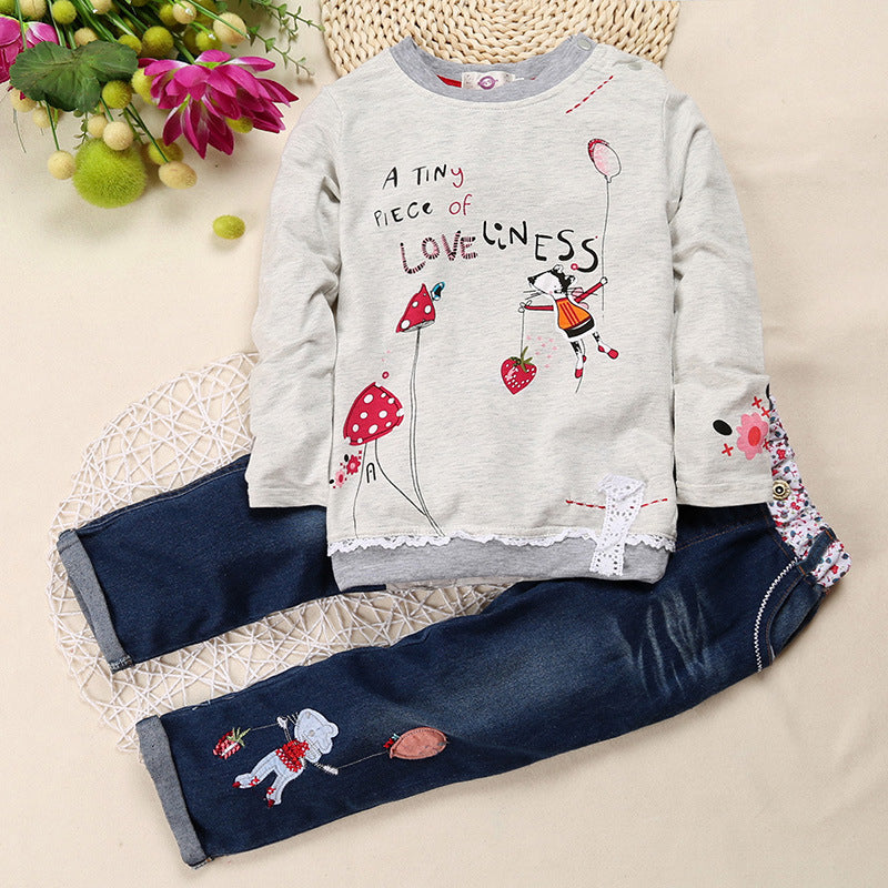 Cute Girl Floral Denim Suit