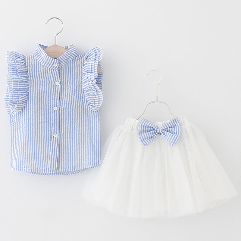 Gauze Fly Sleeve Shirt + Bow Waist Skirt