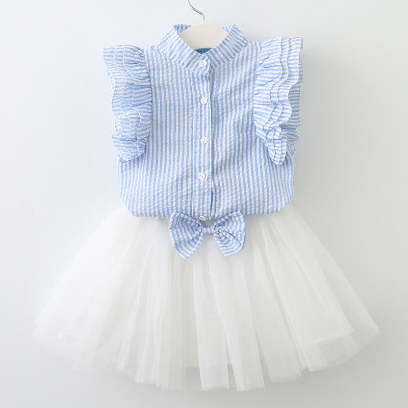 Gauze Fly Sleeve Shirt + Bow Waist Skirt